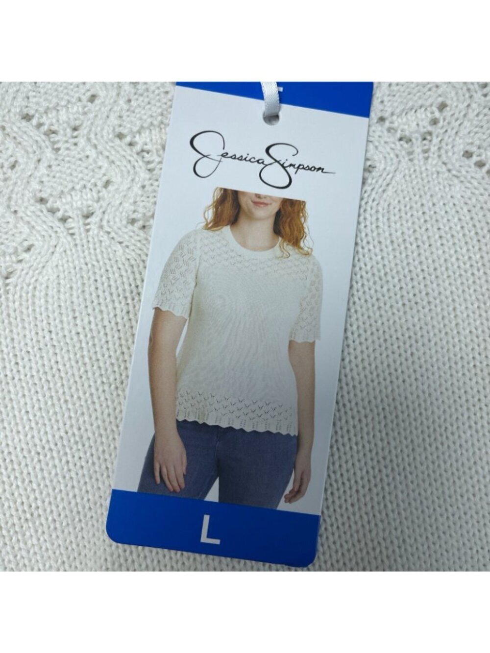 NWT Jessica Simpson Women's L Ivory Crochet Knit Top Short Sleeve F1119 - Picture 8 of 11